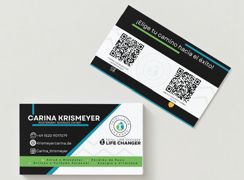 tarjetas de negocios con codigo QR hecha por celuxestudio con logo de TLC Total life changes