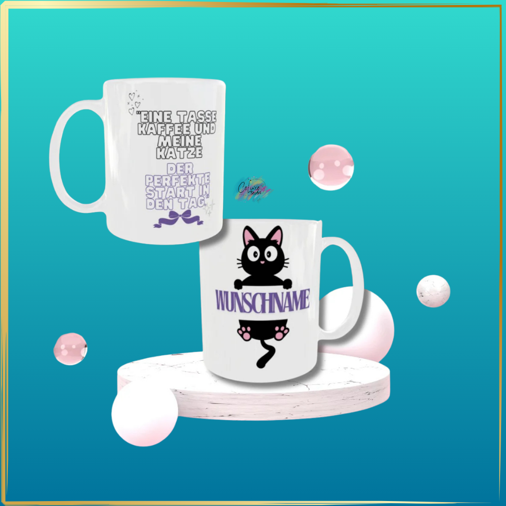 Taza hecha por celuxestudio con gato WUNSCHNAME cliente feliz